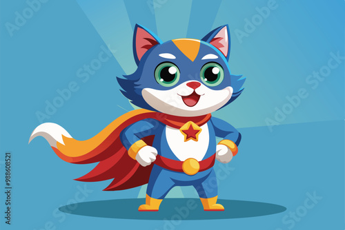 A colorful superhero cat stands confidently with its cape flowing behind, ready for action, a cartoon character super hero cat