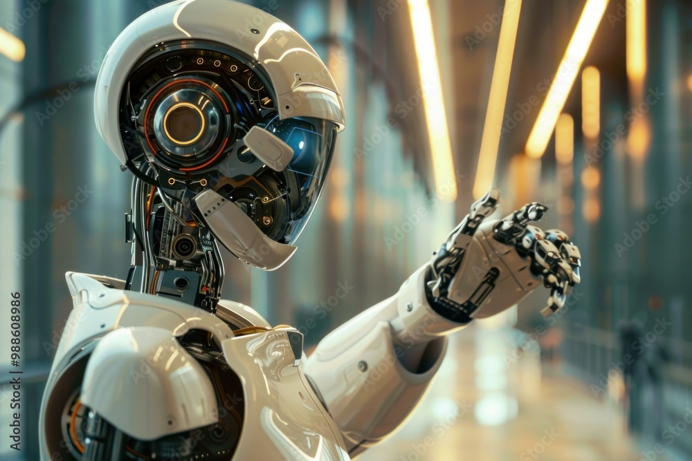 Fototapeta premium White humanoid robot pointing with finger standing in modern interior