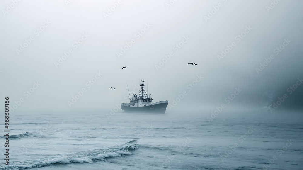 A lone fishing trawler on a vast foggy ocean with seagulls flying above and waves rolling beneath. A lone fishing trawler on a vast foggy ocean with seagulls flying above and waves rolling beneath.