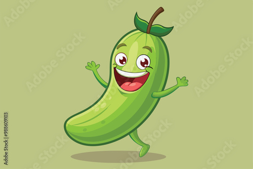 The cartoon zucchini character is laughing and dancing joyfully with a cheerful expression, a cartoon character the zucchini character laughs merrily