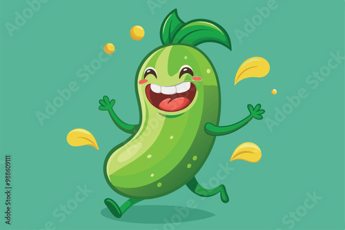 The cartoon zucchini character is laughing and joyfully running with droplets splashing around it, a cartoon character the zucchini character laughs merrily