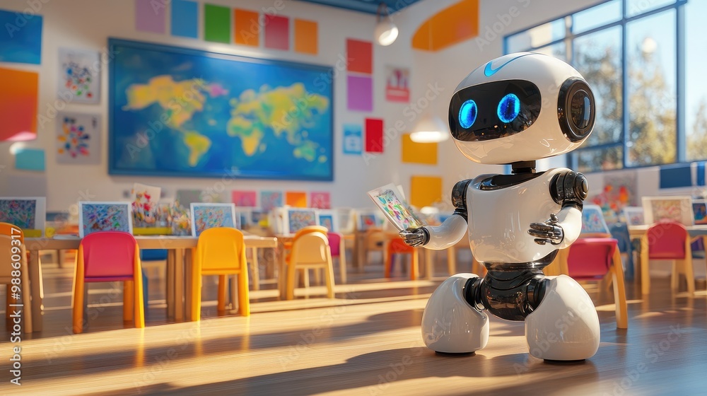 AI artist robot in a high-tech classroom leading art lessons for children, representing futuristic learning environments. No logo, no people. AI artist robot in a high-tech classroom leading art lessons for children, representing futuristic learning environments. No logo, no people.