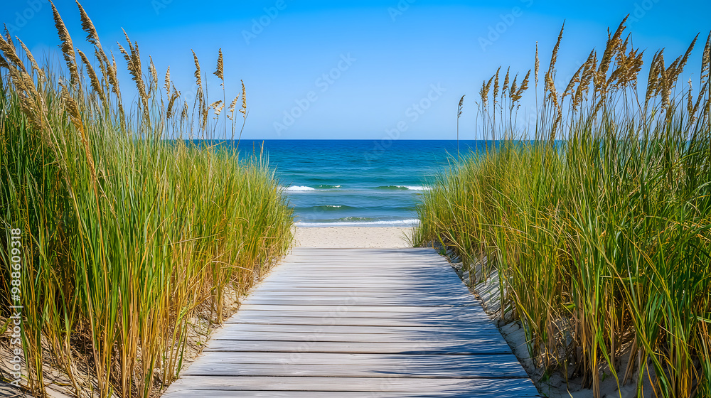 Fototapeta premium A long wooden boardwalk leading to a quiet beach with tall grasses swaying in the breeze.
