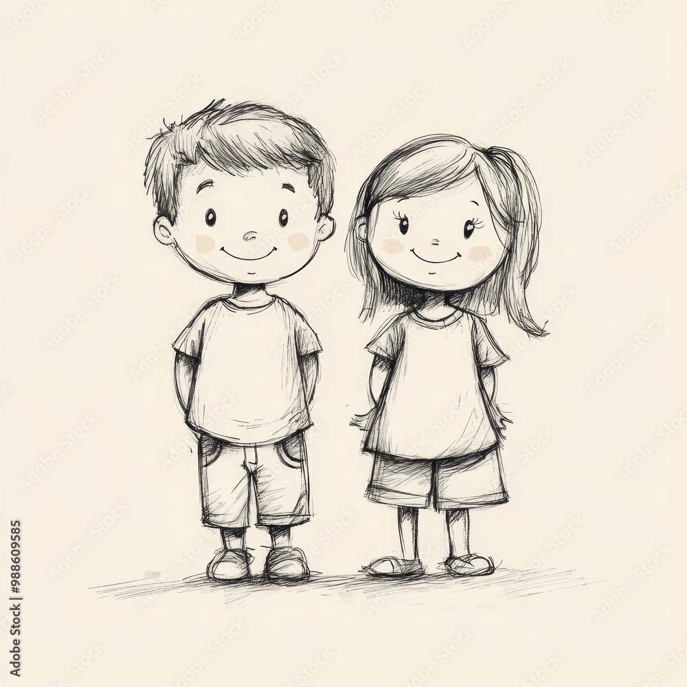 Little siblings sketch icon, Generative AI Little siblings sketch icon, Generative AI