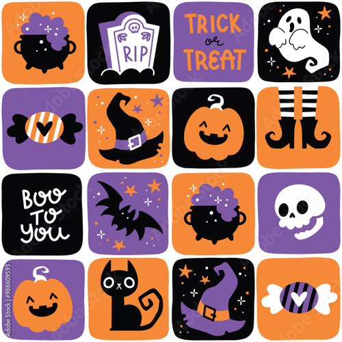 Hand drawn cartoon halloween seamless pattern with pumpkin, ghost, cat, sweets and scull. Colorful vector background illustration for fabric and gift wrap paper design or backdrop for print.