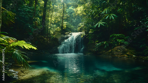 A lush island rainforest with a hidden waterfall cascading into a crystal-clear pool.