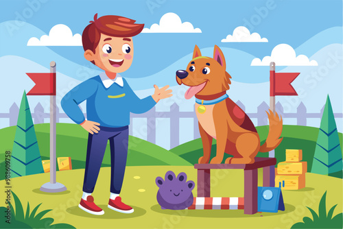 A trainer enthusiastically instructs a dog at an agility course in a bright, cheerful park setting, a cartoon character Trainer teaching dog at agility courses