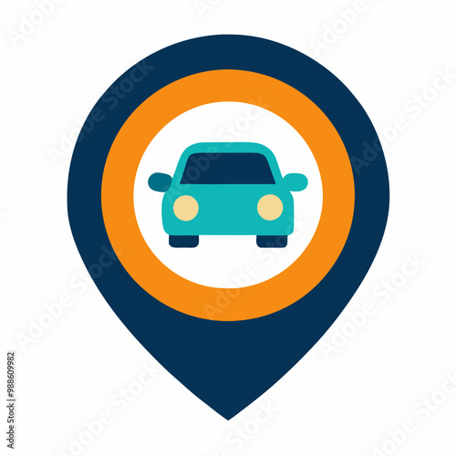 There is a blue and orange pin featuring a car icon within it