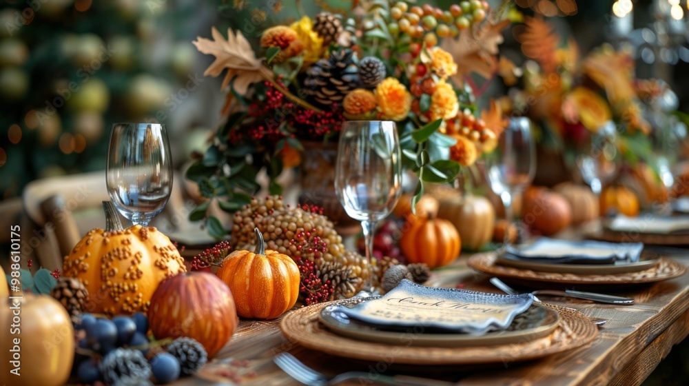 Thanksgiving and Harvest Festival. Thanksgiving-themed table setting, with rustic plates, fall-colored napkins, and hand-written Thanksgiving message, reflecting essence of the holiday's traditions. Thanksgiving and Harvest Festival. Thanksgiving-themed table setting, with rustic plates, fall-colored napkins, and hand-written Thanksgiving message, reflecting essence of the holiday's traditions.
