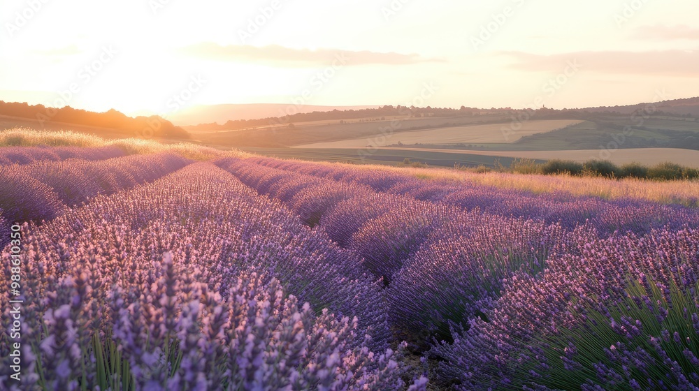 A vast lavender field in full bloom under the soft light of a setting sun, with rolling hills in the distance. A vast lavender field in full bloom under the soft light of a setting sun, with rolling hills in the distance.
