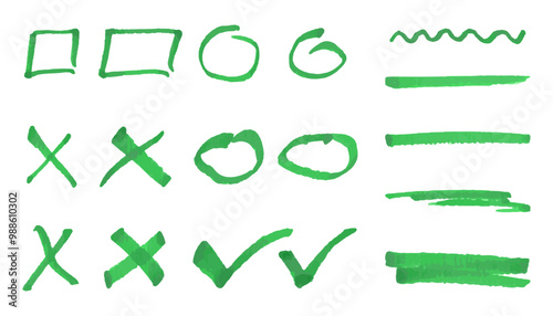 Hand drawn check mark and brush lines, green marker, check mark, underline stroke. Vector illustration hand drawn circles, underlines, check marks collection