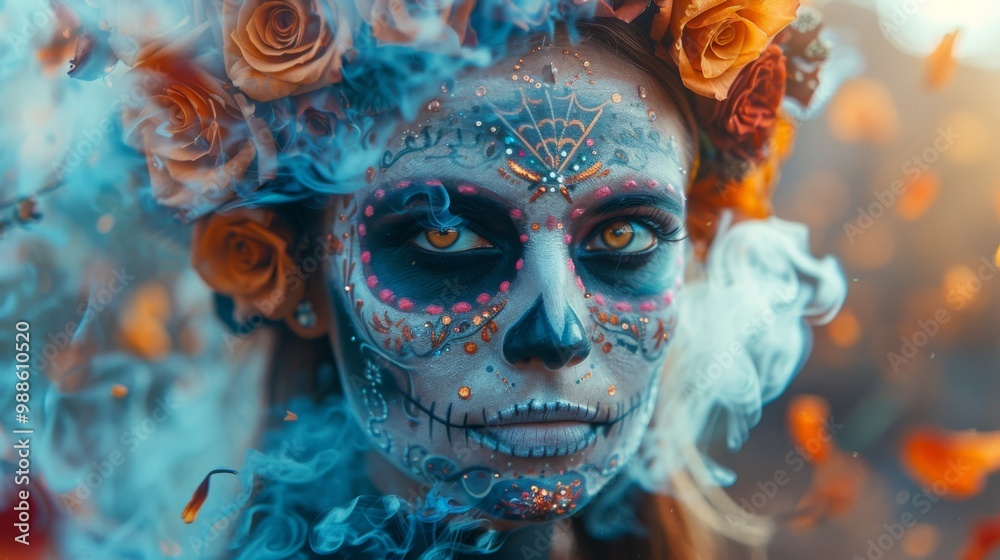 Dia de los Muertos, Mexican holiday. A beautiful woman with sugar skull makeup, surrounded by roses and blue smoke. The background is in warm colors. Dia de los Muertos, Mexican holiday. A beautiful woman with sugar skull makeup, surrounded by roses and blue smoke. The background is in warm colors.