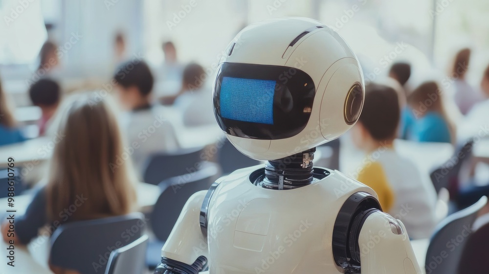 Futuristic AI artist robot using a digital canvas to teach children in an advanced classroom environment. No logo, no people. Futuristic AI artist robot using a digital canvas to teach children in an advanced classroom environment. No logo, no people.