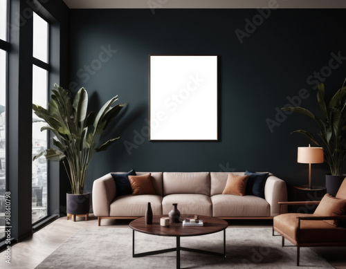 Mockup room for poster or painting in modern interior, Photo Frame Mockup, dark colors