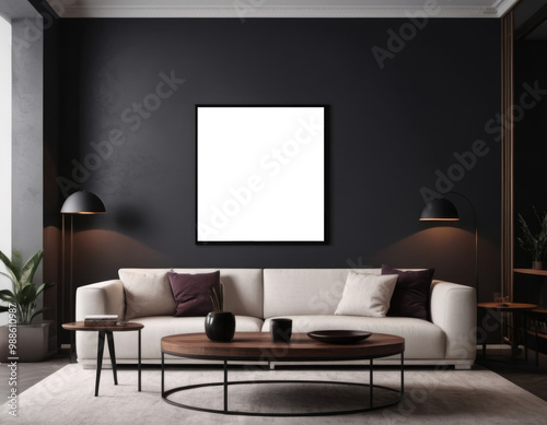 Mockup room for poster or painting in modern interior, Photo Frame Mockup, dark colors