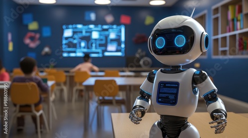 Futuristic AI robot in a classroom, instructing children on digital creativity with tech-infused teaching tools. No logo, no people.