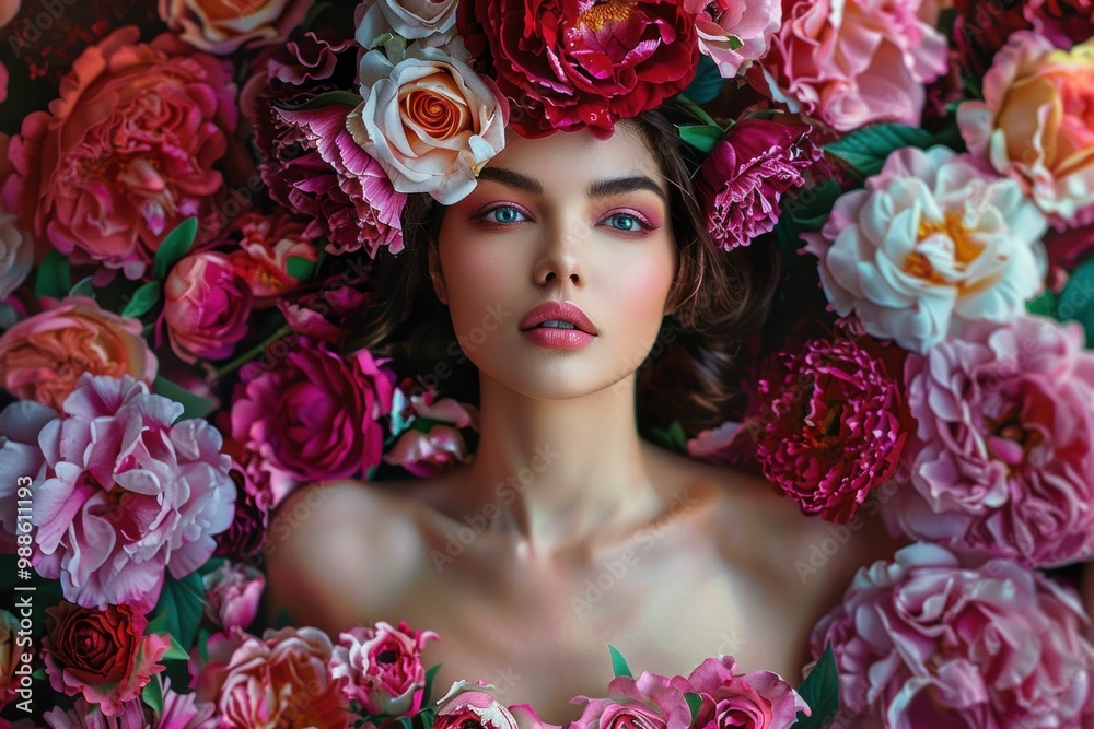 A serene woman surrounded by a vibrant floral arrangement, featuring roses and peonies in shades of pink and red, creating a dreamy, romantic atmosphere A serene woman surrounded by a vibrant floral arrangement, featuring roses and peonies in shades of pink and red, creating a dreamy, romantic atmosphere
