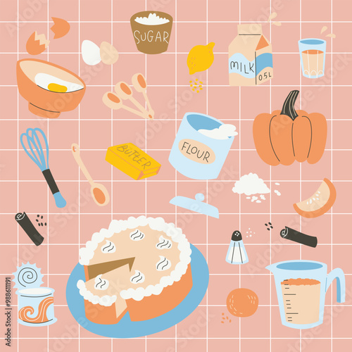 doodle illustration of pumpkin pie ingredients. baking ingredients set. cute hand drawn vector illustration.
