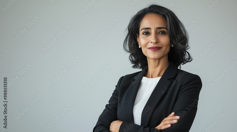 Portrait of 50s middle eastern mature businesswoman, business lady standing with crossed arms isolated on white background. Smiling young Arabian or Indian woman in suit, looking a Portrait of 50s middle eastern mature businesswoman, business lady standing with crossed arms isolated on white background. Smiling young Arabian or Indian woman in suit, looking a