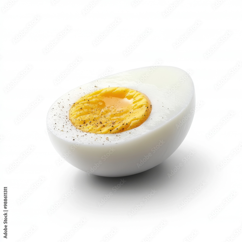 A half-boiled egg sprinkled with black pepper, showcasing a perfectly cooked yolk against a clean white background. A half-boiled egg sprinkled with black pepper, showcasing a perfectly cooked yolk against a clean white background.