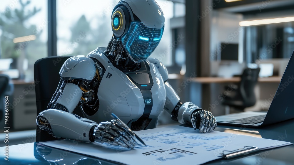 Futuristic robot sitting at a desk, creating a detailed marketing plan on paper, representing the fusion of AI and business. No people, office setup. Futuristic robot sitting at a desk, creating a detailed marketing plan on paper, representing the fusion of AI and business. No people, office setup.