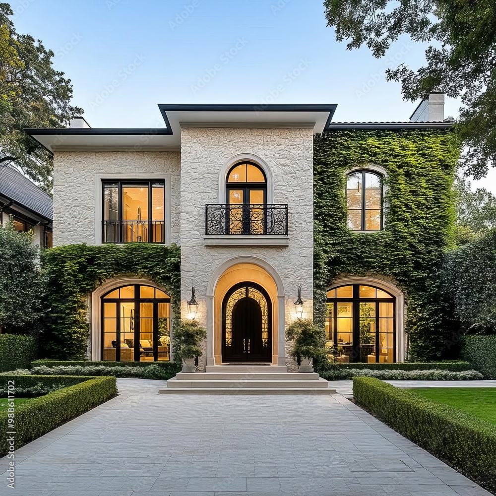 Elegant suburban house with a stone facade, arched doorways, and ivy-covered walls Elegant suburban house with a stone facade, arched doorways, and ivy-covered walls