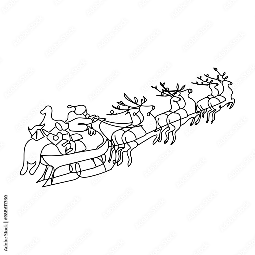 dessin en ligne continue du père noël sur son traineau, line art, vecteur