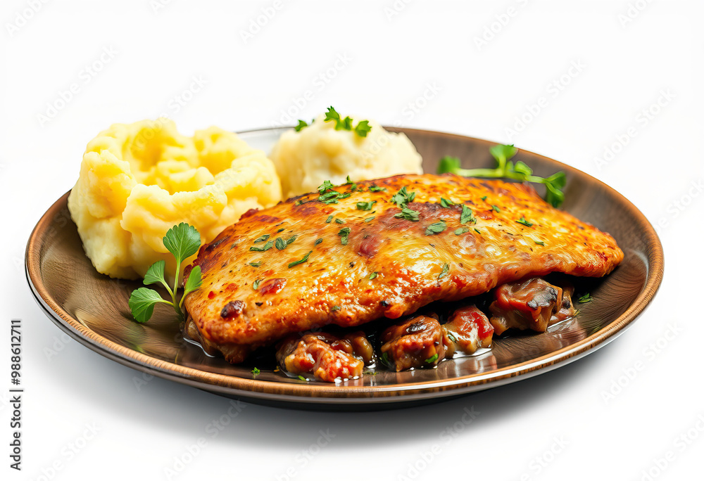 grilled chicken steak with herb garnish mashed potatoes on wooden plate white background italian cuisine food photography grilled chicken steak with herb garnish mashed potatoes on wooden plate white background italian cuisine food photography