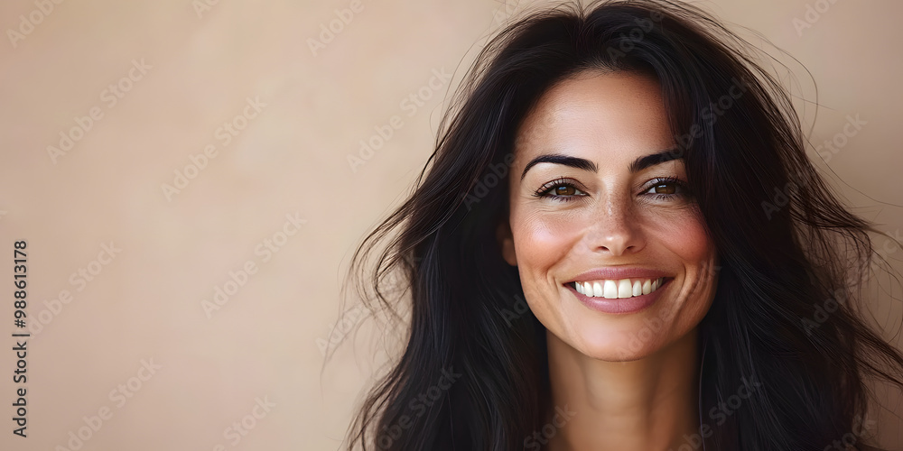Beautiful middle-aged woman with long dark hair smiling against a beige pastel background