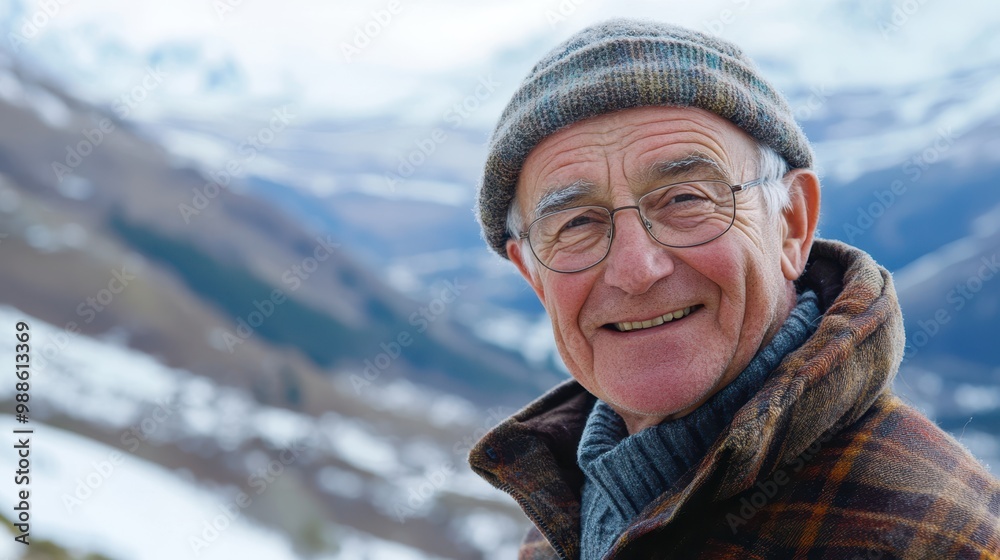 Serene Senior Man Admiring Snow-Capped Mountains in Winter Wonderland Serene Senior Man Admiring Snow-Capped Mountains in Winter Wonderland