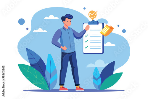 A man reviews a checklist while surrounded by greenery and a clear blue sky, A man holds a list. Flat design modern illustration