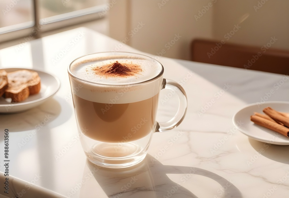 A glass mug filled with a creamy, frothy coffee drink, likely a latte or cappuccino, with a dusting of cinnamon or cocoa powder on top