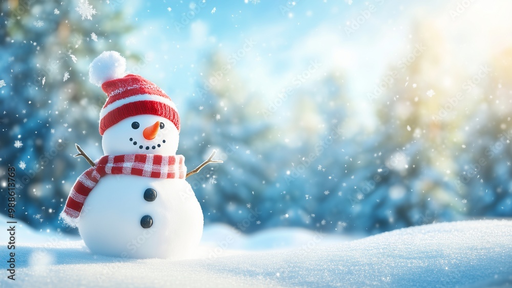 Fototapeta premium A festive Christmas card illustration featuring a snowy landscape with a decorated tree, a cozy house, and a cheerful snowman under a starry night sky