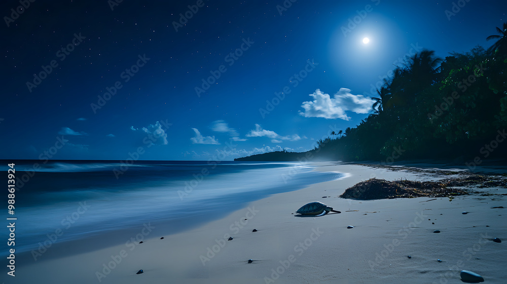 A peaceful beach with sea turtles nesting on the shore under the moonlight. A peaceful beach with sea turtles nesting on the shore under the moonlight.