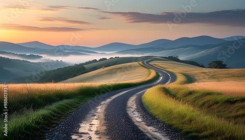 Misty countryside winding dirt road leading to rolling hills, ideal for rural travel and exploration adventures