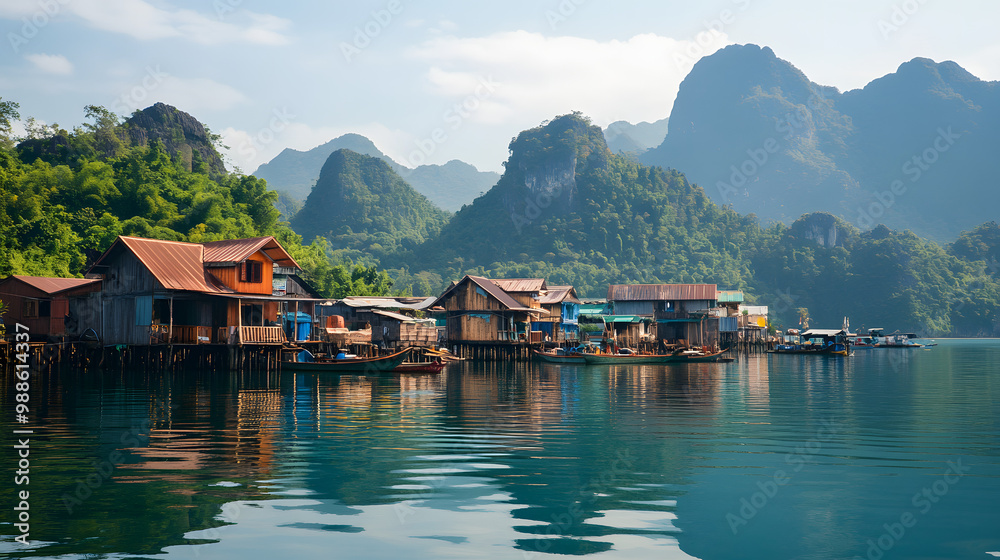 Naklejka premium A peaceful island village with stilt houses built over the water surrounded by mountains.
