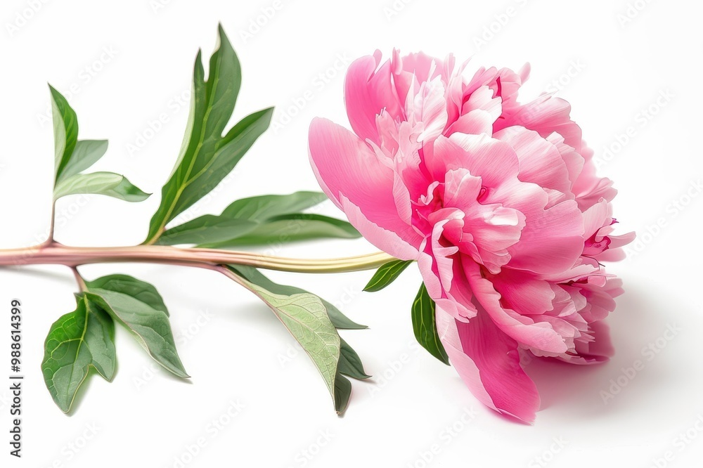 Pink peony flower with green leaves on a white isolated background. Pink peony flower with green leaves on a white isolated background.
