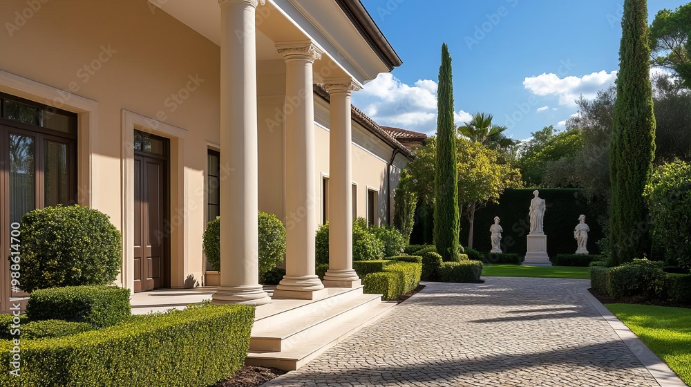 Obraz premium Elegant suburban house with a cobblestone driveway, arched entryway, and lanterns