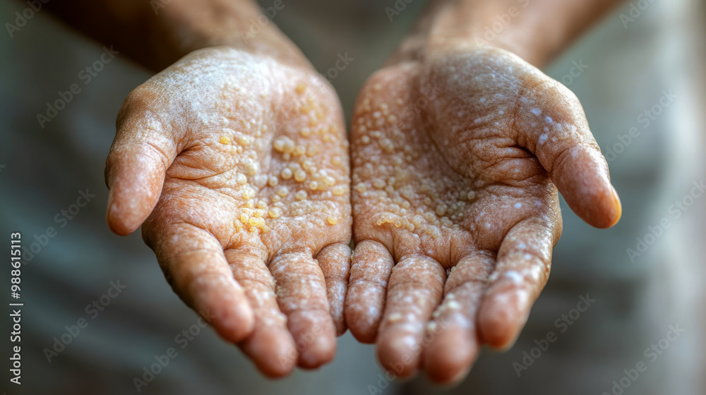Fototapeta premium Close-up of two hands covered with festering blisters, infected with monkeypox, against a neutral background.