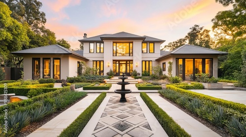 Elegant suburban house with a large garden, intricate stone pathways, and a decorative fountain