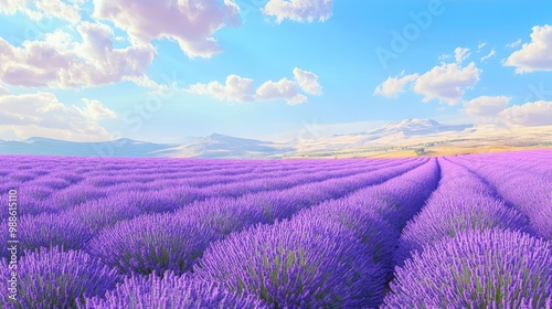 A wide, open field of lavender in full bloom, with vibrant purple flowers stretching to the horizon under a clear, blue sky.