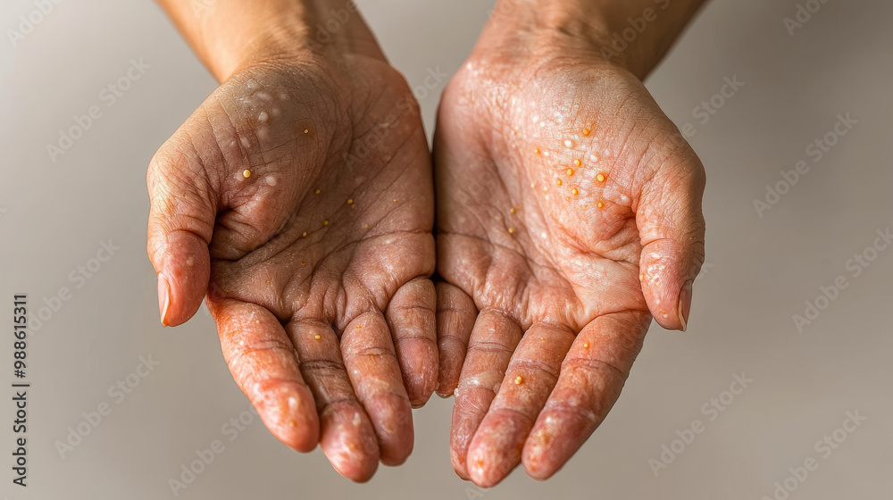 Close-up of two hands covered with festering blisters, infected with monkeypox, against a neutral background. Close-up of two hands covered with festering blisters, infected with monkeypox, against a neutral background.