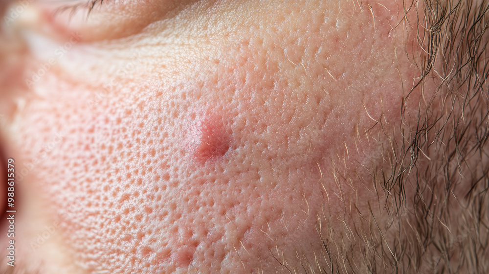 Macro shot of facial skin showing a small acne bump and visible pores, highlighting skin texture and imperfections.
Macro shot of facial skin showing a small acne bump and visible pores, highlighting skin texture and imperfections.