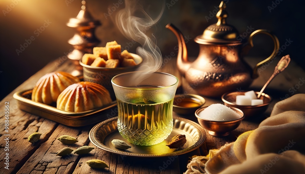 Fototapeta premium Afghan Green Tea (Chai Sabz) with Traditional Sweets and Pastries (Afghan Cuisine)
