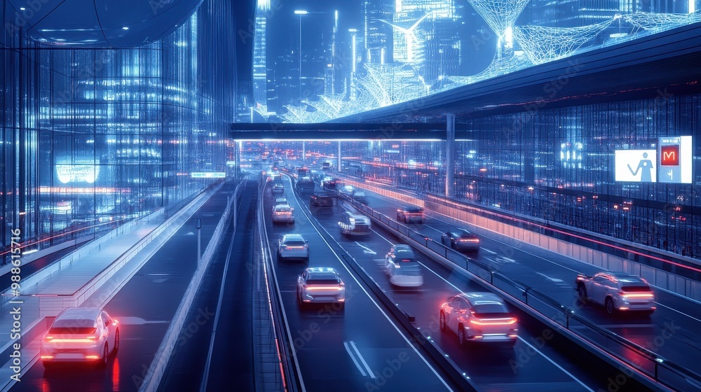 Futuristic City Highways at Night with Illuminated Traffic and Skyscrapers Futuristic City Highways at Night with Illuminated Traffic and Skyscrapers