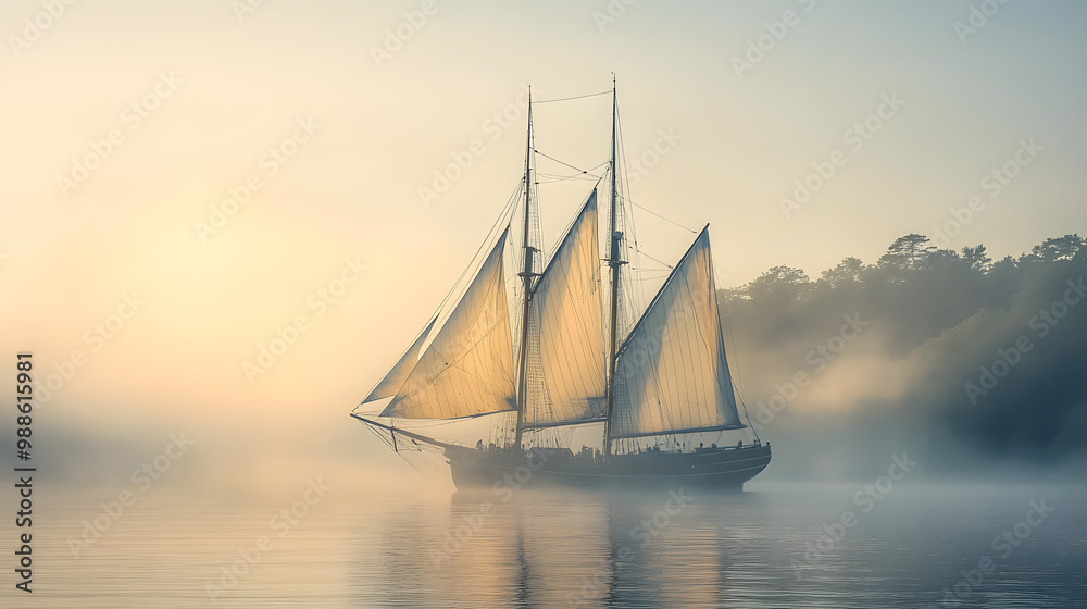 Fototapeta premium A regal schooner with tall masts sailing smoothly in the early morning mist its sails catching the first light of dawn.