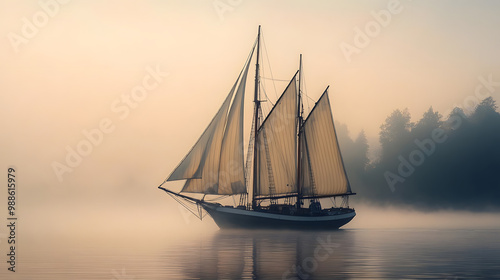 A regal schooner with tall masts sailing smoothly in the early morning mist its sails catching the first light of dawn.