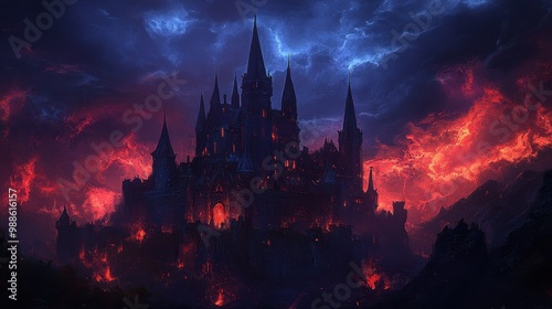 Dramatic Volcanic Eruption Engulfing Mystical Castle