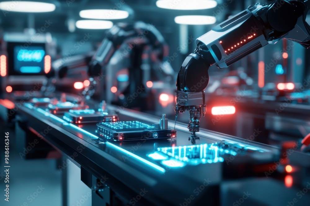 A futuristic industrial scene featuring robotic arms working on a high-tech assembly line with glowing elements. A futuristic industrial scene featuring robotic arms working on a high-tech assembly line with glowing elements.