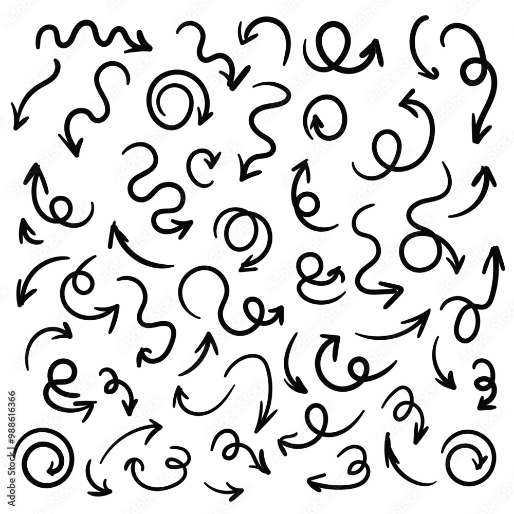 Simple vector hand drawn arrow set. Round, zigzag, curve, spiral shapes. Signs and symbols for website, app, banner design Simple vector hand drawn arrow set. Round, zigzag, curve, spiral shapes. Signs and symbols for website, app, banner design
